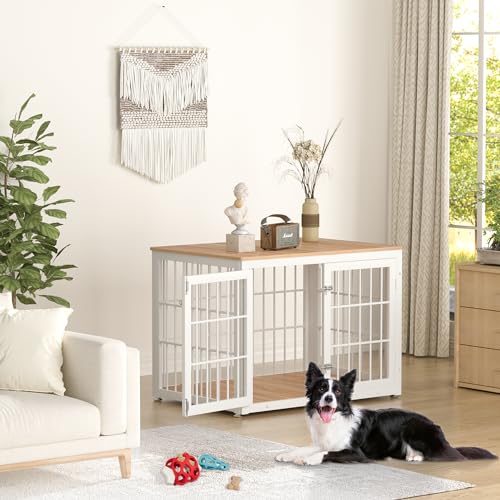 48 Inch Heavy Duty Dog Crate Furniture for Large Dogs, Decorative Pet House End Table, Extra Large Wooden Cage Kennel Furniture Indoor, Natural and White