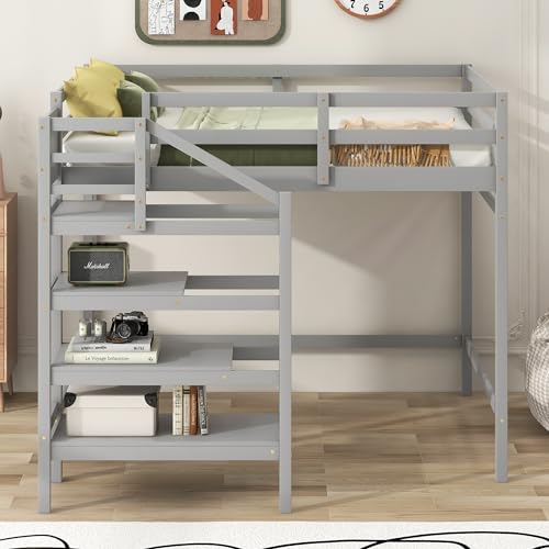 Harper & Bright Designs Full Loft Bed with Staircase and Storage Wardrobe, Wooden Full Size Loft Bed Frame with Storage Shelf, High Full Loft Beds for Kids Boys Girls Teens Dorm Bedroom (Full, Gray)