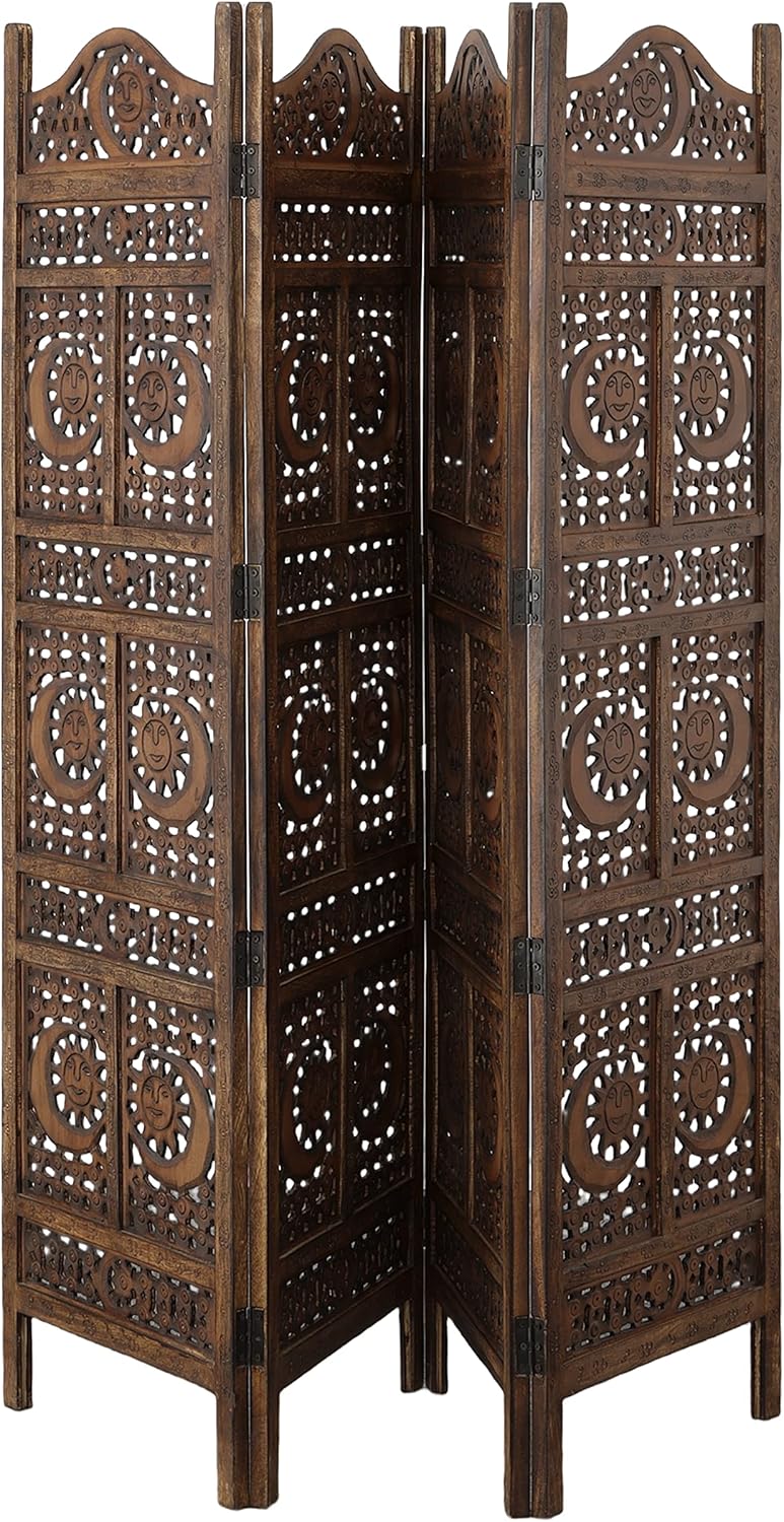 Hand Carved Sun and Moon Design Foldable 4 Panel Wooden Room Divider