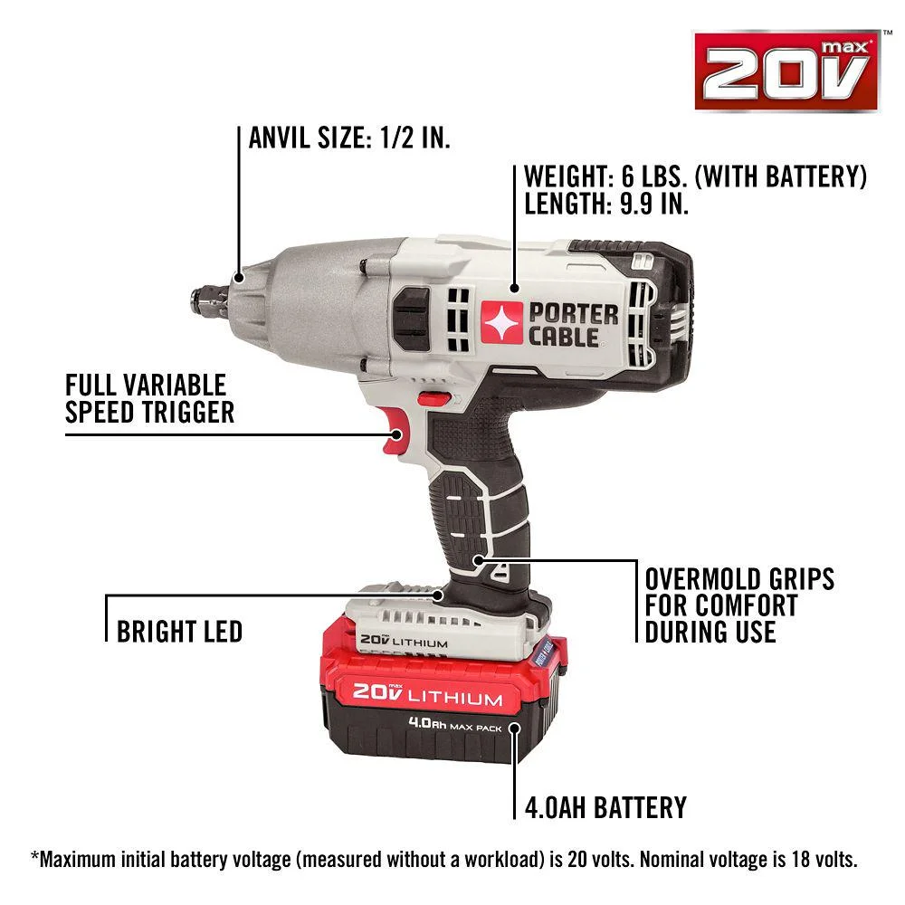 PORTER-CABLE PCC740LA 1/2 in. Drive 260 ft./lb. 20V Lithium-Ion Brushless / Cordless Impact Wrench