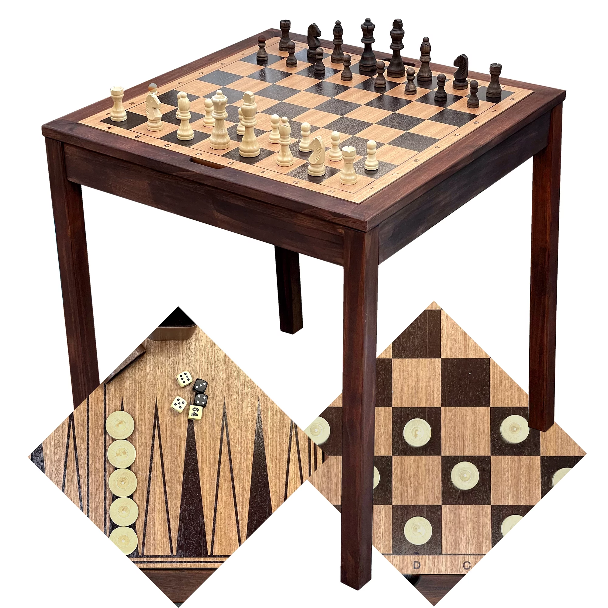 Sterling Games Wooden Chess Checkers and Backgammon 3 in 1 Combo Game Table Furniture Set, 25" x 25", 4" King