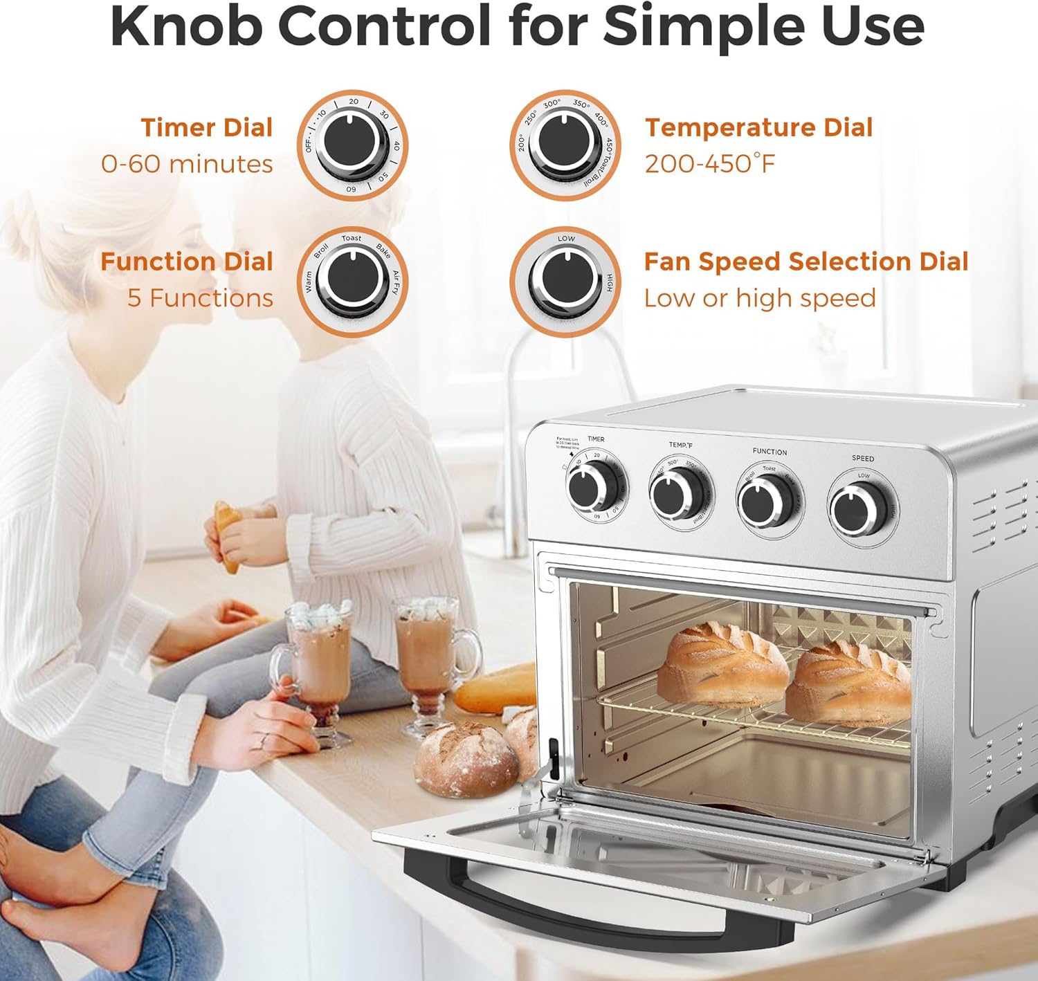 KitchenBoss Air Fryer Toaster Oven: 24.3QT/23L Airfryer with Warm, Broil, Toast, Bake, Air Fry 5-in-1 Functions, Knob Control 1700W Toaster Oven Countertop with 4 Accessories, Stainless Steel