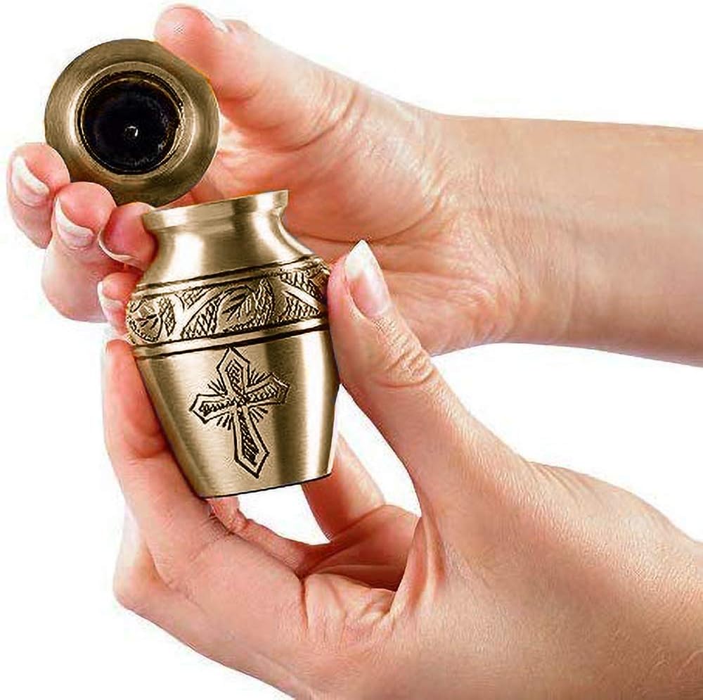 Trupoint Memorials Cremation Urns for Adult - Holds 0.75 Lbs. Per Mini Urn, 2.75" x 1.75" Mini Cremation Urns, Keepsake Burial Urns with Case & Bags - Cross Bronze.