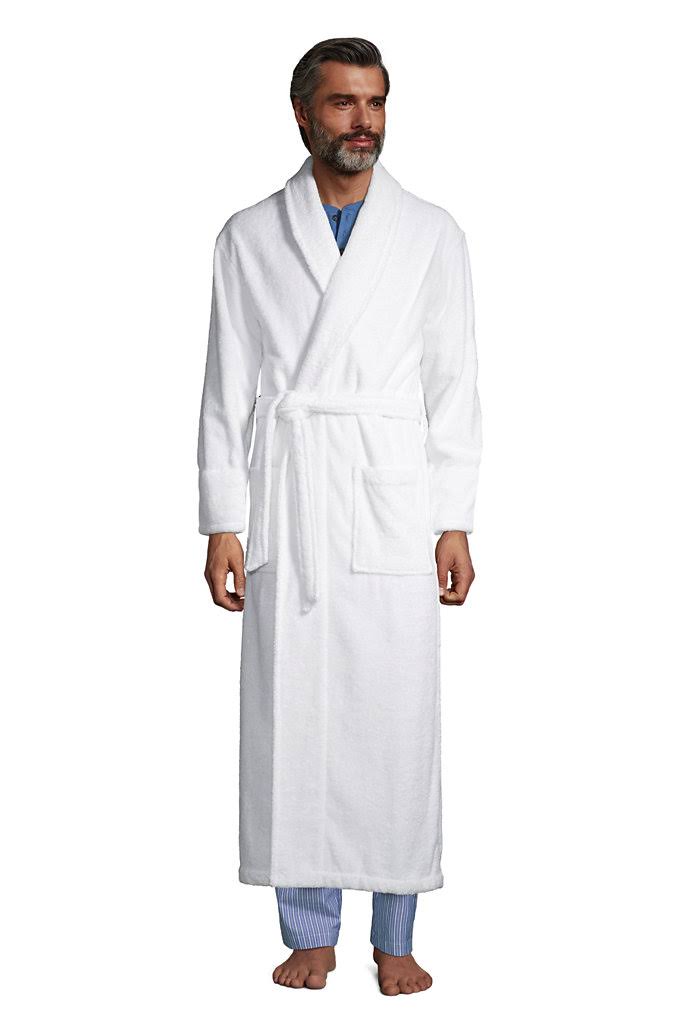 Men&s Calf Length Monogrammed Turkish Terry Cloth Robe - Lands& End - White - L
