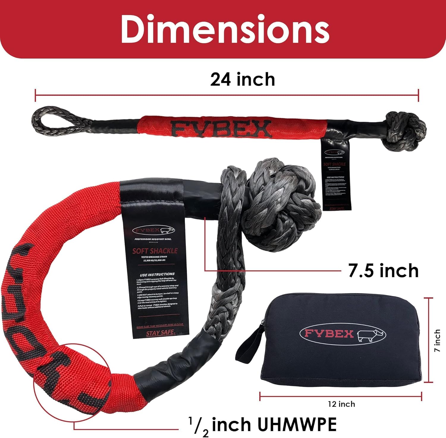 FYBEX Synthetic Soft Shackle Recovery Kit Offroad Recovery Gear for Kinetic Rope & Tow Strap - 1/2" Winch Rope Tow Shackles - Professional Soft Shackles for Yacht Marine Off-Road Recovery Gear Pack of 2