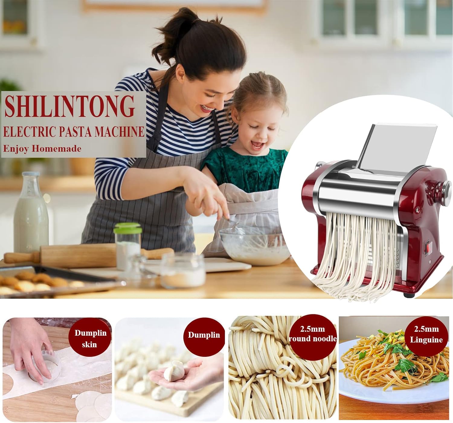 Electric Pasta Maker, Household Noodle Making Machine Dough Spaghetti Roller Pressing Machine with 2.5mm Noodle Cutter, Stainless Steel, 135W 5Kg/H Output for Commercial & Homemade Use