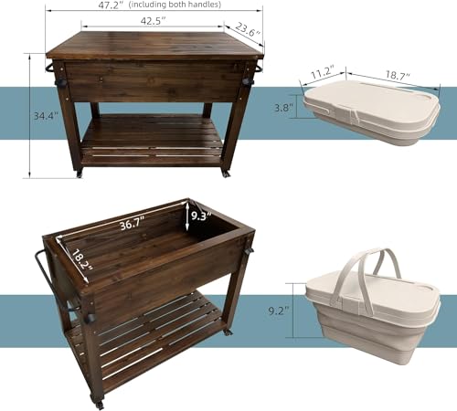 Wooden Patio Cooler with Wheels, Handles and Bottle Opener, Ice Chest with Shelf, Portable Beverage Drink Rolling Cart for Outdoor, Backyard, Garden, Deck, 100-Quart