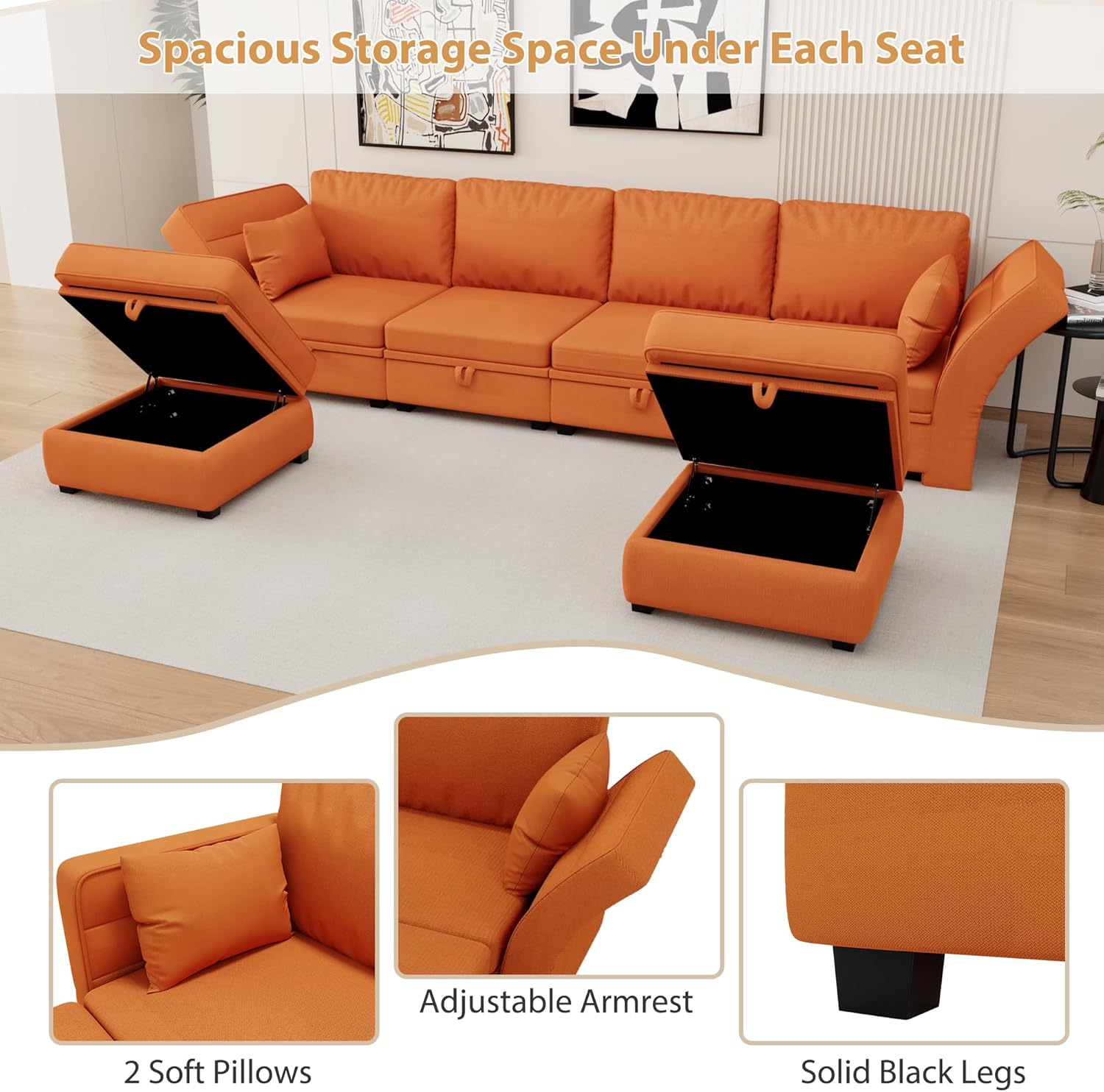 110.2" U Shaped Sectional Sofa Couch, Convertible Modular Sectional Sofa 6 Seat Oversized Modern Fabric Couch with Storage Seat for Living Room Apartment Office (Orange)