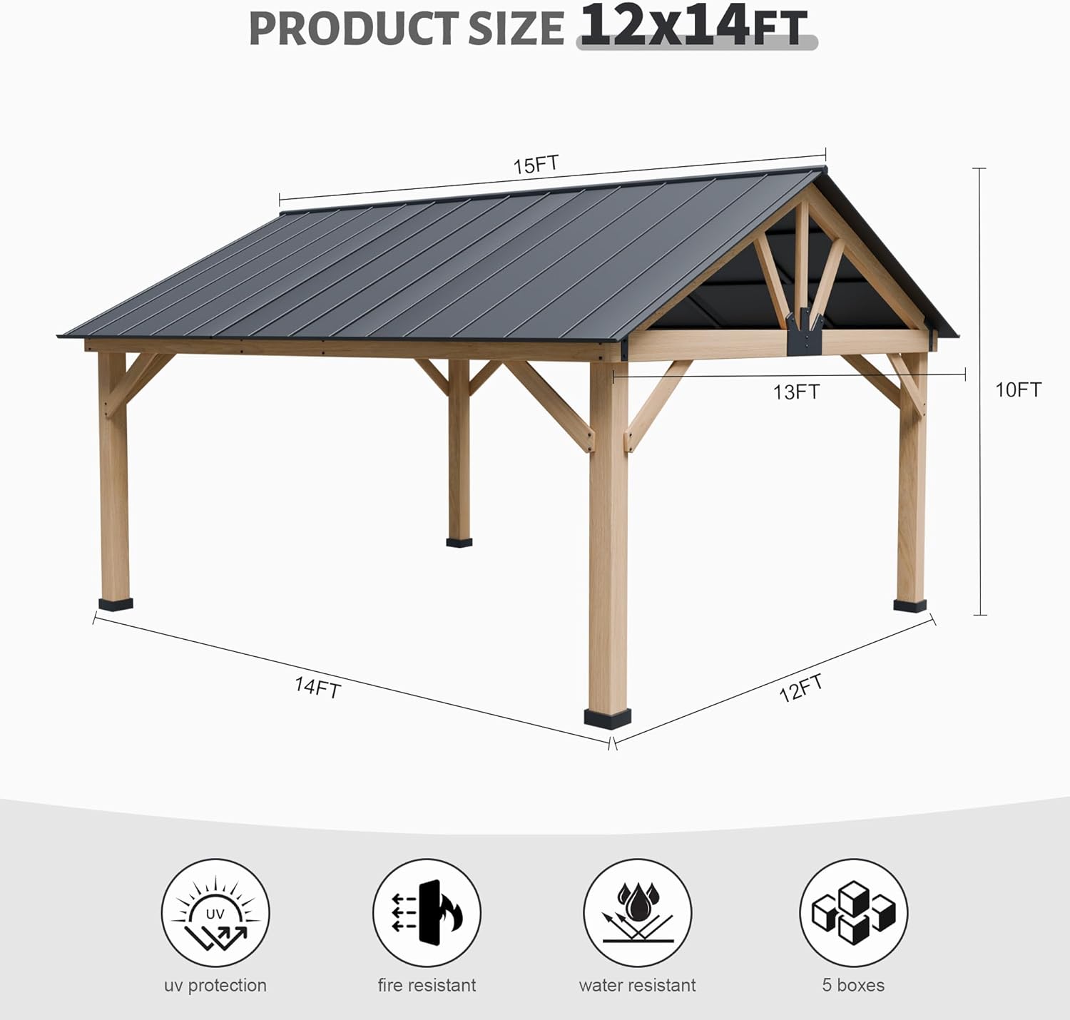 13' x 15' Wood Gazebo, Hardtop Cedar Gazebo with Galvanized Steel Roof, Permanent Outdoor Pavilion for Garden, Patio, Deck, Backyard, Lawn.