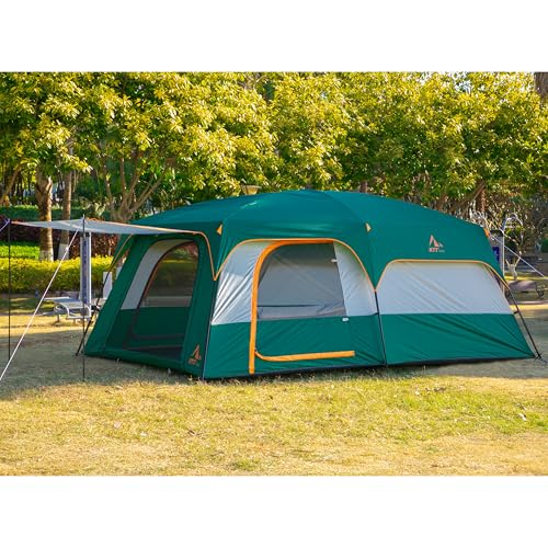 KTT Extra Large Tent 10-12-14 Person(Style-B),Family Cabin Tents,2 Rooms,3 Doors and 3 Windows with Mesh,Straight Wall,Waterproof,Double Layer,Big Tent for Outdoor,Picnic,Camping,Family Gathering