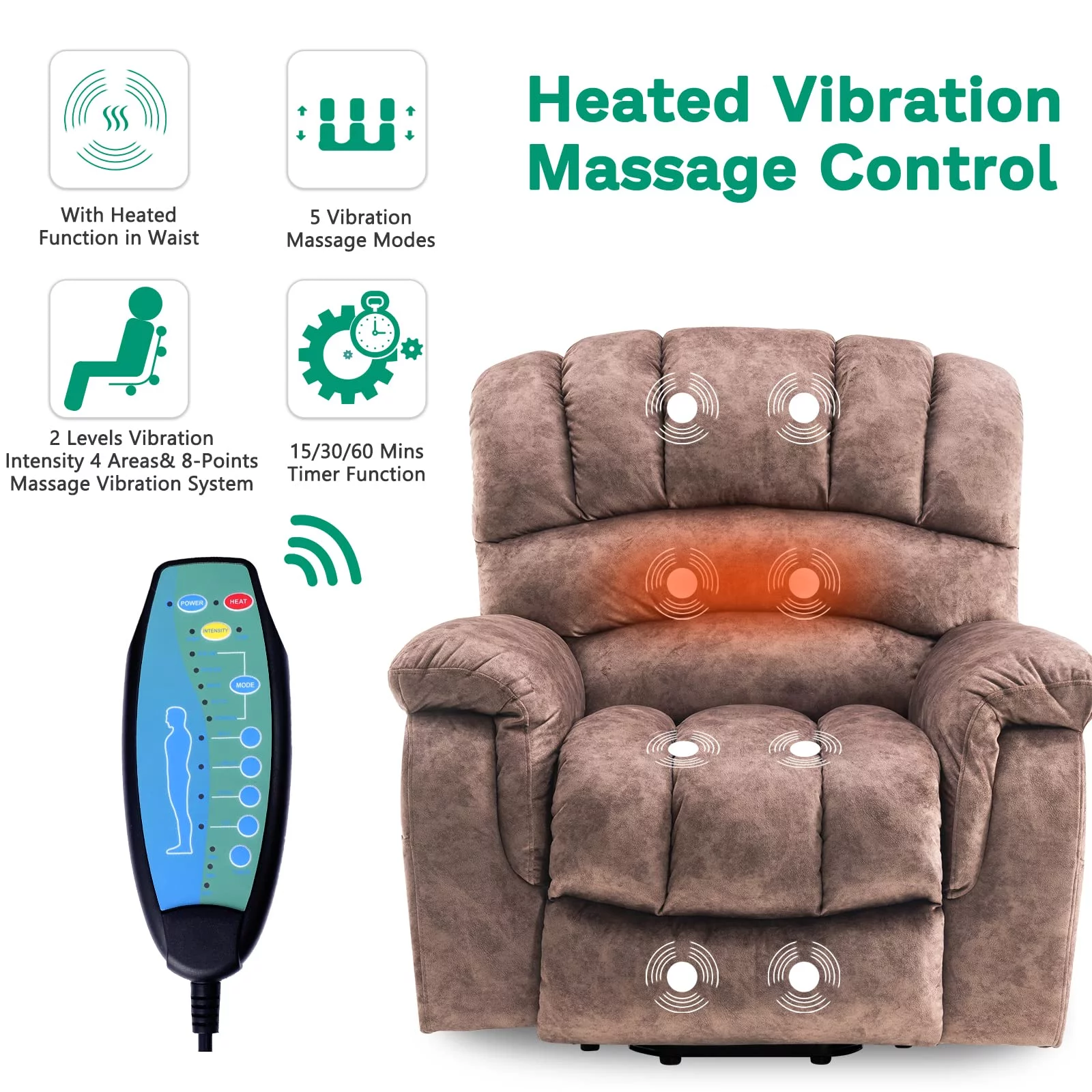 VIVIJASON Heavy Duty and Safety Motion Overstuffed Recliners with Heat & Massage for Elderly People, Large Electric Power Lift Recliner Chair with 2 Remote Controls, Side Pockets & USB Ports, Brown
