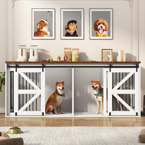 87In Farmhouse Dog Crate TV Stand, Wooden Dog Kennel Furniture with Sliding Metal Mesh Barn Door, Large Dog Crate Furniture for 2 Dogs, Solid Metal Tube & 2 Lockable Doors, Black