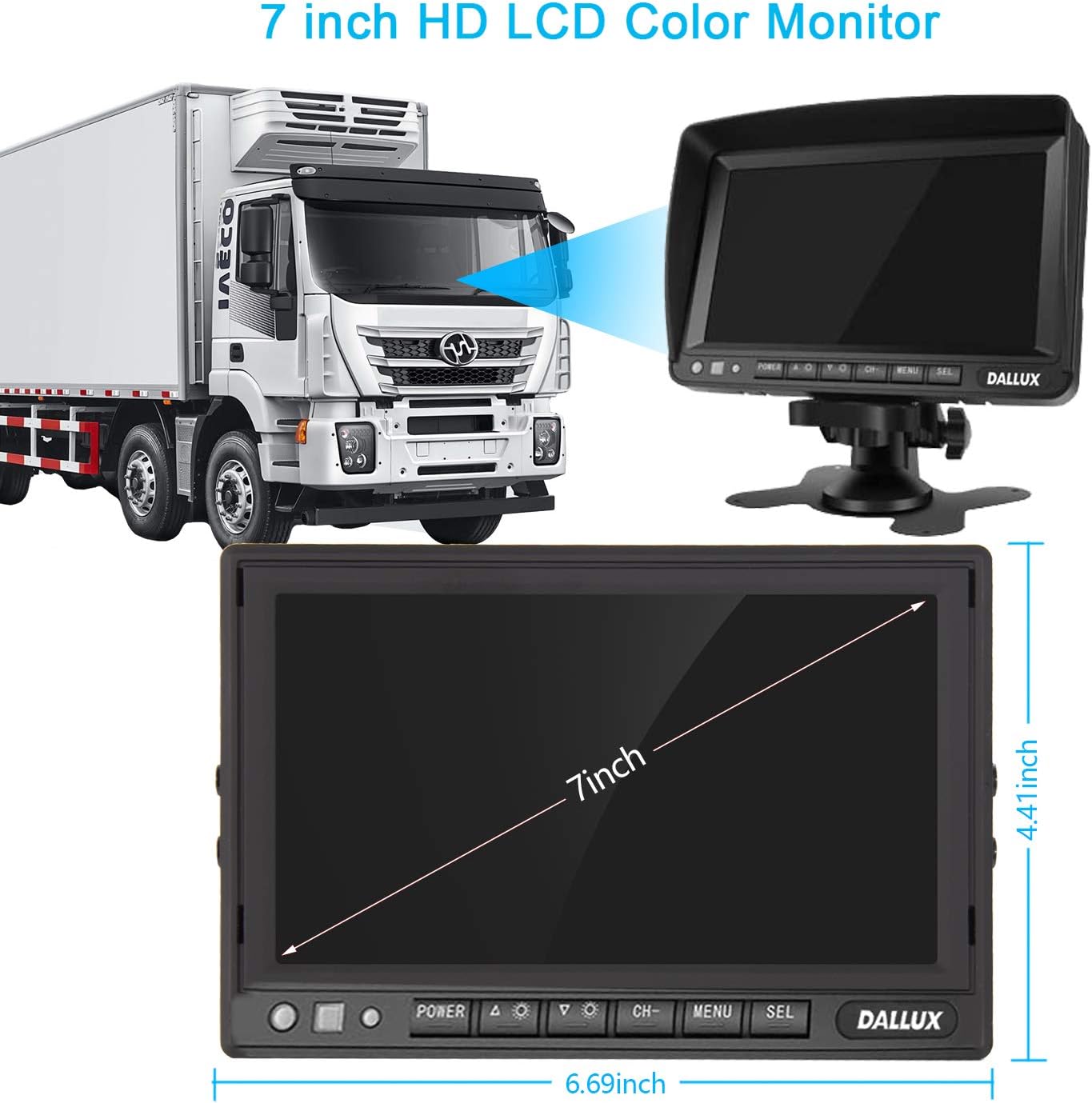 DALLUX Truck Backup Camera kit,HD 1080P Rearview Cab Cam with 7 inch Monitor+ 4 PIN Extension Cable for Bus/Truck/Van/Trailer/ RV/ Camper/ Motor Home/Pickup/Harveste/Heavy Duty Vehicles(12V-24V)