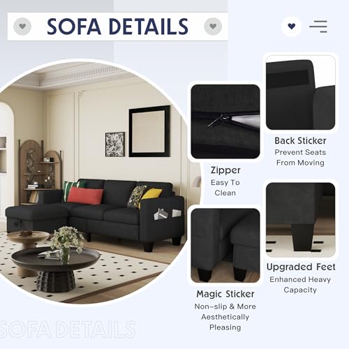 Convertible Sectional Sofa Couch Beige 3Seat L-Shaped Sectional Sofa Couch with Storage Ottoman and Pockets,Modern Linen Fabric Upholstered Sofa Furniture Set for Living Room Small Space Bedroom