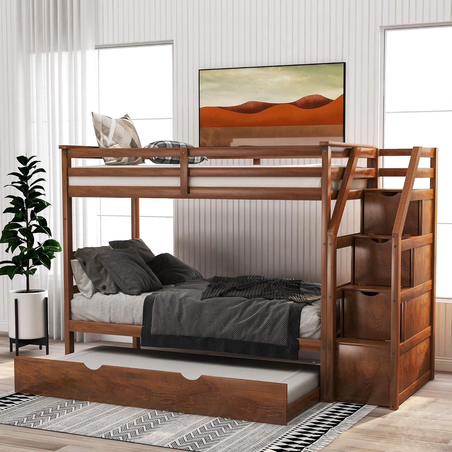 Merax Solid Wood Twin-Over-Twin Bunk Bed, Trundle Bunk Bed with 3 Storage Drawers, Staircase and Safety Guard Rail for Boys, Girls, Kids, Teens and Adults (Espresso)