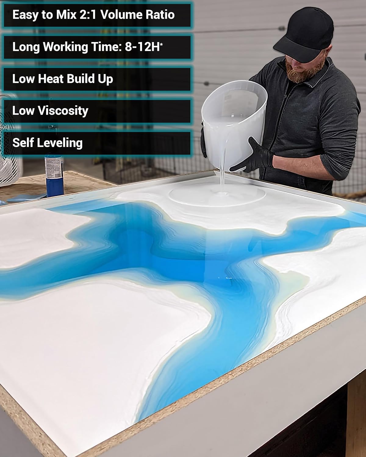 FlowCast Deep Pour Epoxy Resin + 8 x 60ml Epoxy Liquid Pigment Kit - 3.2 Gal / 12L: UV & Yellowing Resistant, Bio-Based Resin | Water Clear Epoxy for River/Ocean Tables