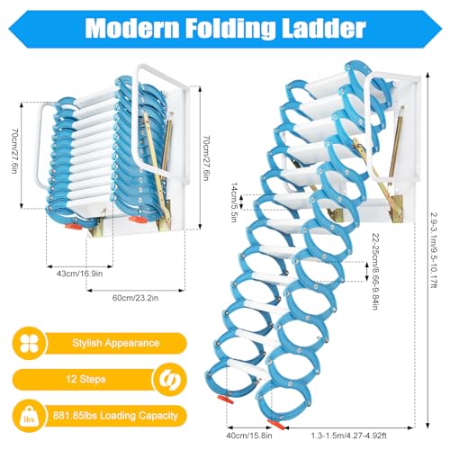 12 Steps Folding Attic Ladder Pull Down System, Wall Mounted Multifunctional Loft Ladder, Blue and White Retractable Collapsible Ladder with Armrests for Attics & Basements
