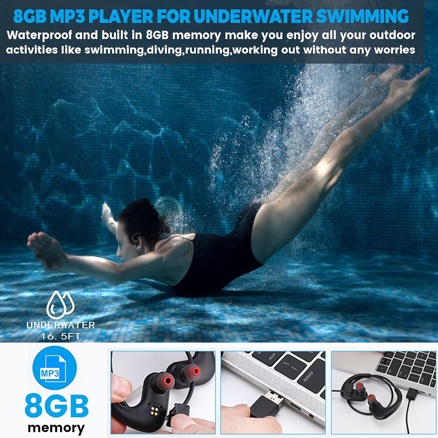 Waterproof Headphones for Swimming,IPX8 Waterproof 8GB MP3 Player Wireless Bluetooth Swimming Headphones with Noise Cancelling Mic for Swimming,Diving,Running,Cycling,Gym,Workout