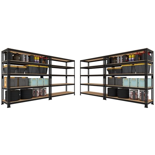 5 Tier Garage Storage Shelves - 32" W x 16" D x 63" H Adjustable Heavy Duty Metal Shelving Unit, Garage Shelving Utility Storage Rack for Basement, Pantry, Kitchen, Black, 2 PCS