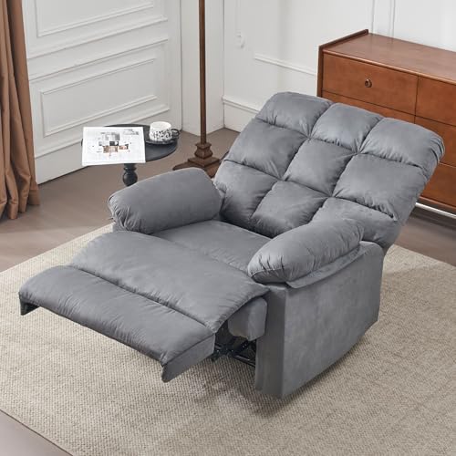 Rocker Recliner Chair for Adults, Overstuffed Large Manual Rocking Recliner, Upholstered Soft Fabric Living Room Reclining Sofa Chair(Gray)