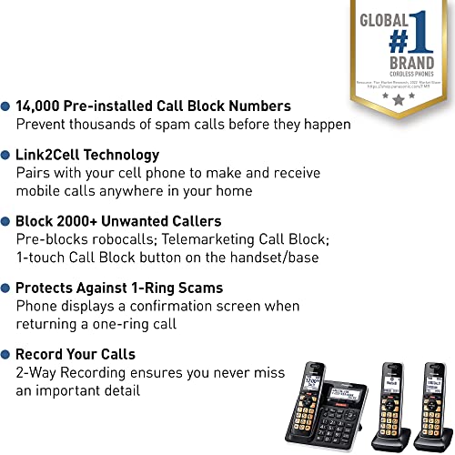 Panasonic Cordless Phone with Advanced Call Block, One-Ring Scam Alert, and 2-Way Recording with Answering Machine, 4 Handsets - KX-TGF944B (Black)