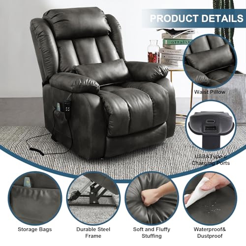 Dual Motor Power Lift Chair Lay Flat Recliner with Massage and Heat,Lift Recliner Chairs for Elderly w/Waist Pillow,USB Ports & Remote Controls,Extended Footrest,Breathable Leather (Brown)