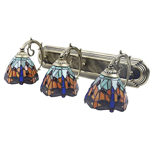 TFCFL Tiffany Victorian Wall Sconce, 3-Light Vanity Light Fixtures Stained Glass Lampshade Dragonfly Over Mirror Lamp for Bathroom Bedroom Living Room Hotel