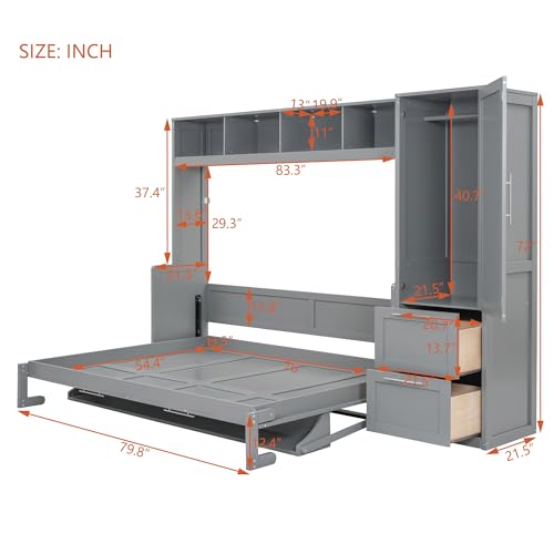 SOFTSEA Queen Size Horizontal Murphy Bed, Queen Murphy Bed with Desk Wardrobe Storage Shelf, Queen Hideaway Wall Bed with Drawers Space-Saving for Guest Room Bedroom or Office, Gray
