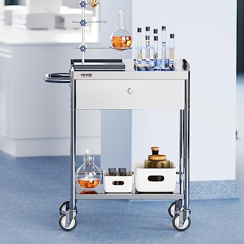 VEVOR Shelf Stainless Steel Utility Cart Catering Cart with Wheels Medical Dental Lab Cart Rolling Cart Commercial Wheel Dolly Restaurant Dinging Utility Services (2 Shelves/ 1 Drawer)