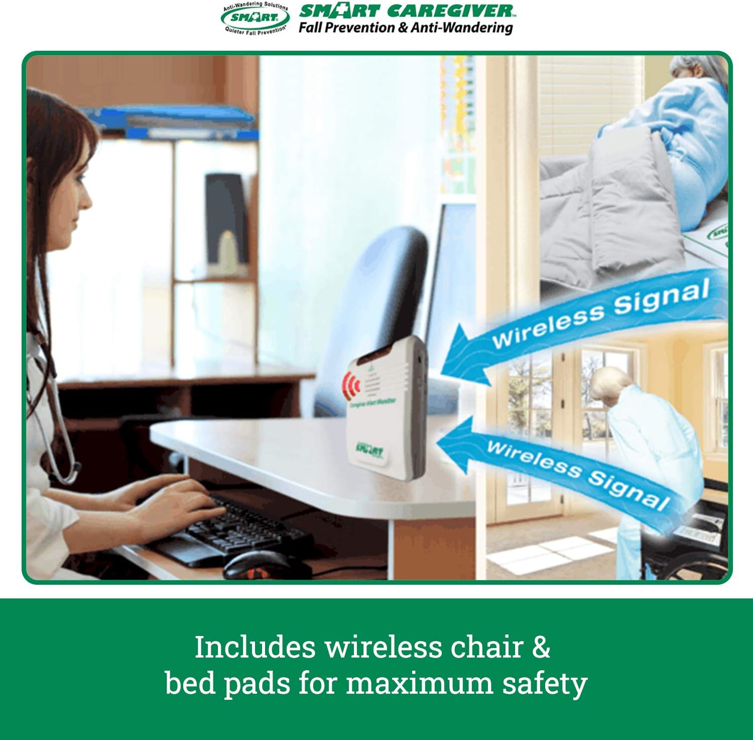 Smart Caregiver Wireless Alarm with Bed Sensor Pad and Chair Sensor Pad- No Alarm in Resident’s Room!