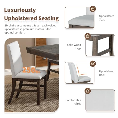 7-Piece Dining Table Set, Farmhouse Rectangular Dining Table with 4 Trestle Base, 6 Upholstered Chairs with Slightly Curve Seat Back for Dining Room and Kitchen, Gray
