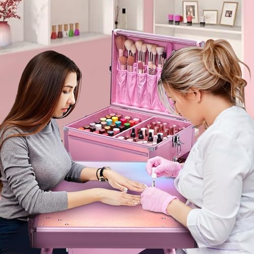 Joligrace Rolling Manicure Table Makeup Case Foldable Nail Desk 5 Drawers Cosmetology Case on Wheels with Brush Pouch for Technician Workstation Mobile Makeup Artist Trolley, Black