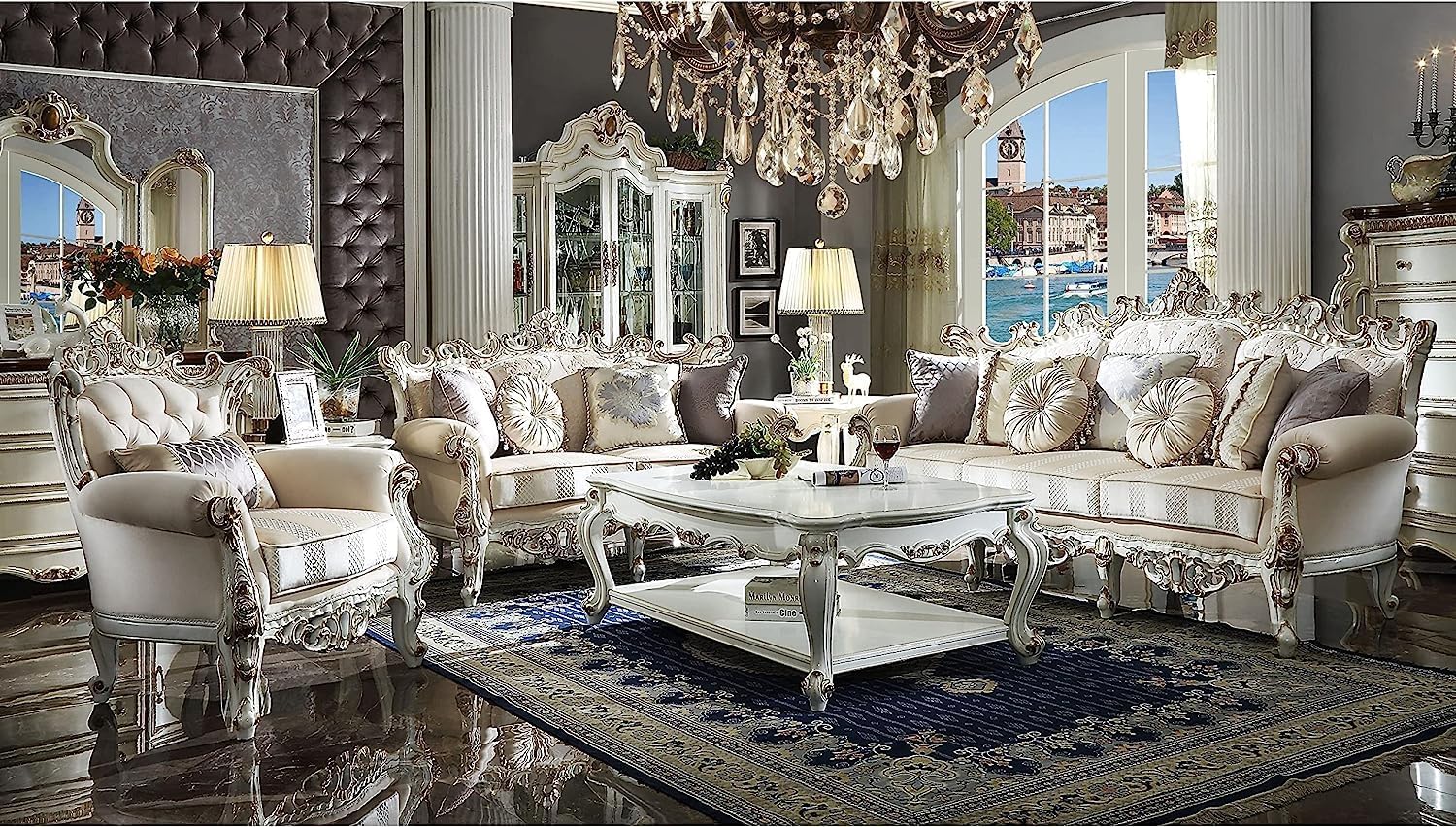 Acme Picardy Rectangular Wooden Coffee Table with Bottom Shelf in Antique Pearl
