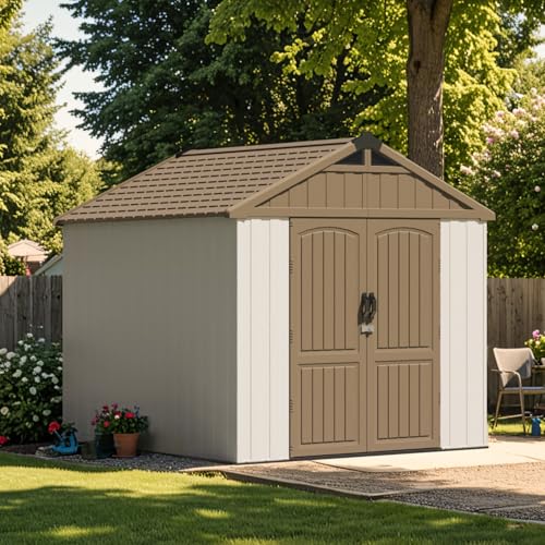 Patiowell 8 x 12 FT Plastic Outdoor Storage Shed with Floor, Resin Shed with Window and Lockable Door for Garden, Backyard, Tool Storage Use, Easy to Install in Beige (Kick-it Shed)