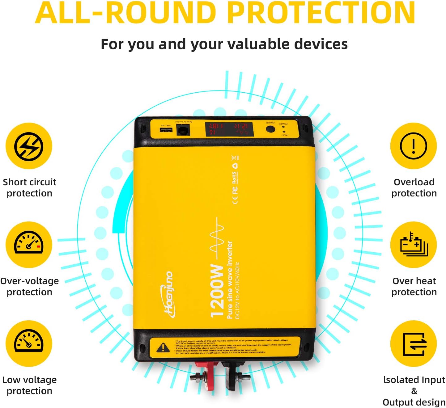 1200W Pure Sine Wave Inverter Power Converter DC 12V to AC 110-120V Power Source with 15 Feet Remote Control Cable