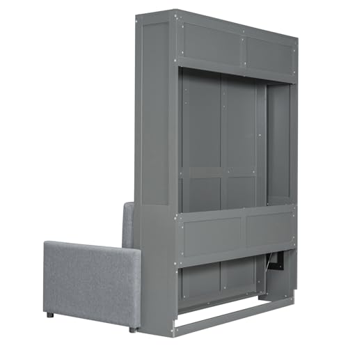 Polibi Full Size Murphy Bed with Loveseat Sofa, Wall Bed with Cushions, Horizontal Foldable Bed Frame, Grey