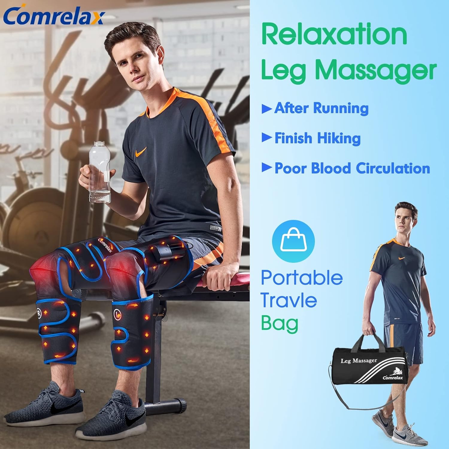 Cordless Leg-Massager for Circulation Air Compression Sequential Device for Muscles Relaxation Pain Relief, Rechargeable & Portable Calf Thigh Massage, Heat Function on Knees with 3 Modes 3 Intensity
