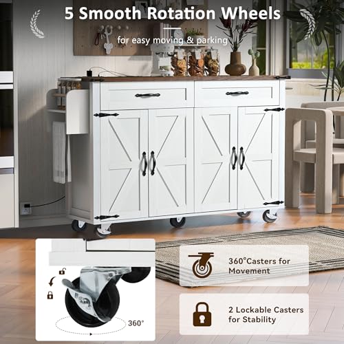 Kitchen Island with Storage, Rolling Kitchen Island Cart On Wheels with Power Outlet & Drop Leaf Countertop, Mobile Island Table for Kitchen with 2 Drawers 2 Cabinet, Spice Rack, Towel Rack, Black