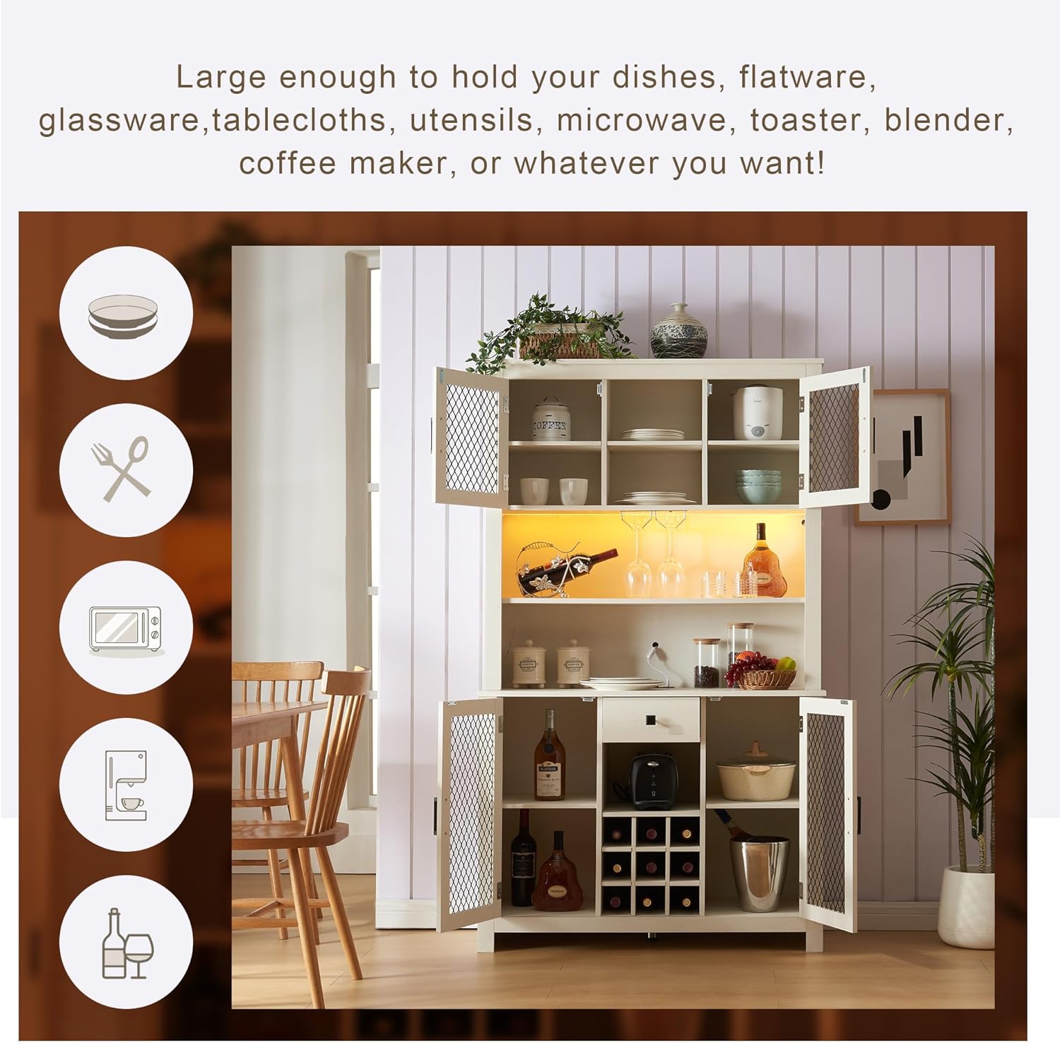 70" Storage Rustic Sideboard Buffet with LED and Outlets Food Pantry Doors and Shelves Wine Rack,Kitchen Hutch Cabinet for Dining Room, White
