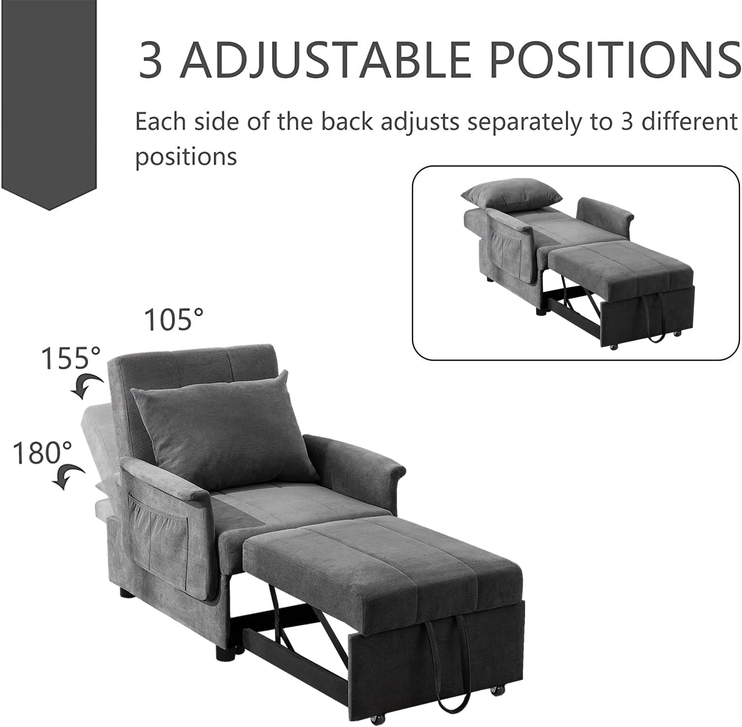 BINGTOO Bed Chair, 3 in 1 Lounge Chair,Multi-Function Folding Sofa Bed, Ottoman Bed Sleeper, Pull Out Sofa Chair, Pull Out Sofa Chair, Convertible Chair to Bed, Pull Out Bed Couch for Small Space