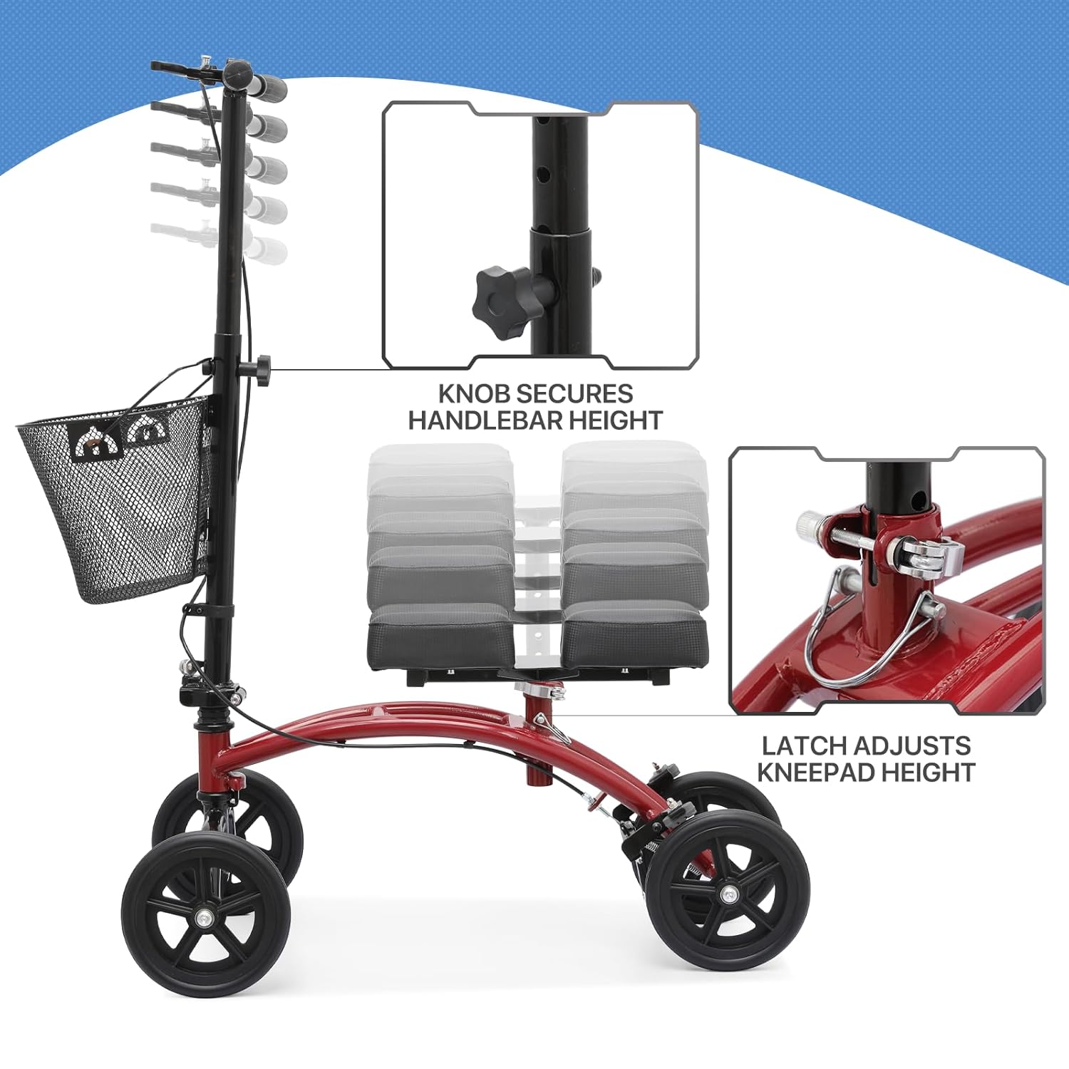 Knee Walker Compact Heavy Duty Roller Scooter Adjust Height 7.5'' Wheels Knee Scooter with Right Handbrake and 15" Length Knee Pad for Ankle and Foot Injured 350lbs Capacity, Red