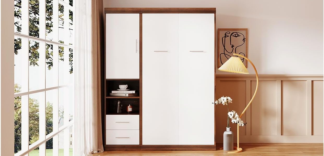 Twin Size Murphy Bed Wall Bed with Cabinet,White