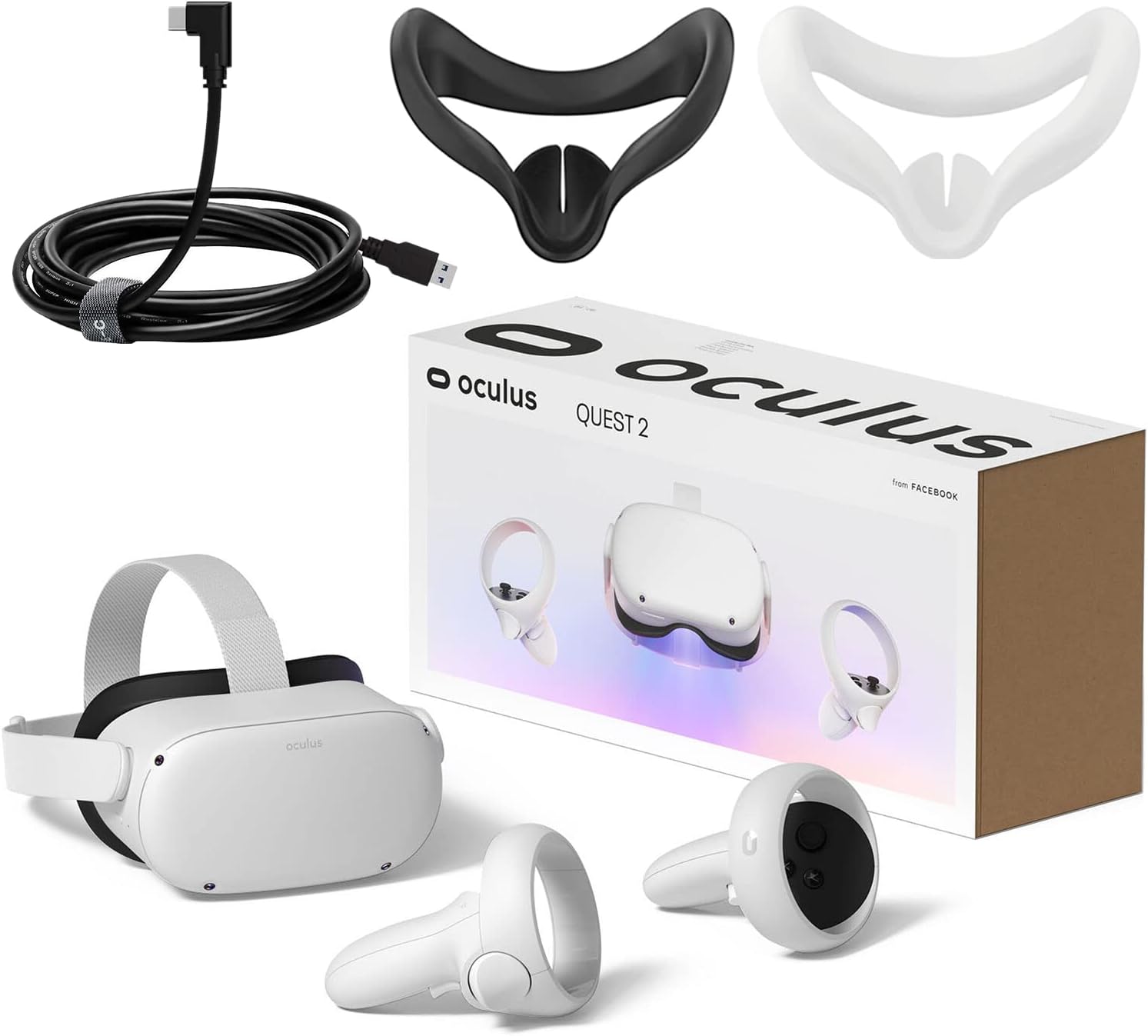 Oculus Newest Quest 2 VR Headset 256GB Set, White - Advanced All-in-One Virtual Reality Headset Cover Set, 16ft USB Type-C Link Cable + 2 Silicone Face Cover Bundle
