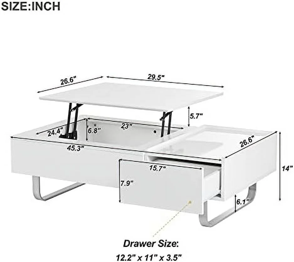 xrboomlife Coffee Table  Modern 45.3 Inch Lift Top Coffee Table with  and Hidden Compartment  Rectangle Cocktail Table with Drawer  UV High-Gloss Surface Center Table for Living Room  Whi
