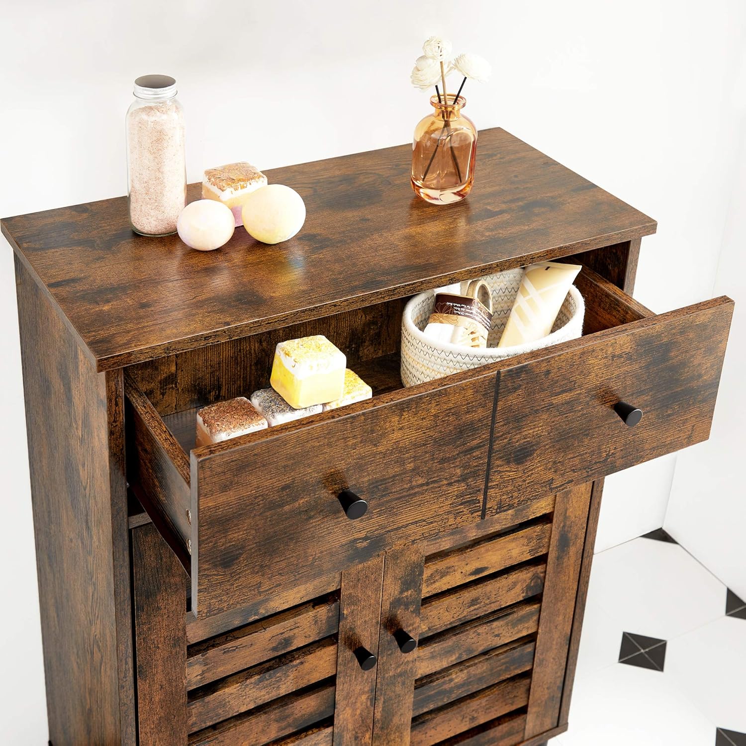 VASAGLE Bathroom Cabinet, Storage Cabinet, Floor Cabinet, 23.6 x 11.8 x 32.3 Inches, with 2 Louvered Doors, Drawer, Adjustable Shelf, for Living Room, Kitchen, Rustic Brown UBBK141X01