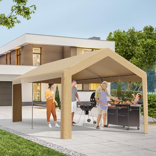 SUNCROWN Outdoor Carport, 10x20 FT Heavy Duty Portable Garage with 4 Roll-up Ventilated Windows, Removable Sidewalls and Doors, Car Canopy with All Weather Tarp for SUV, Boat, Party, Brown
