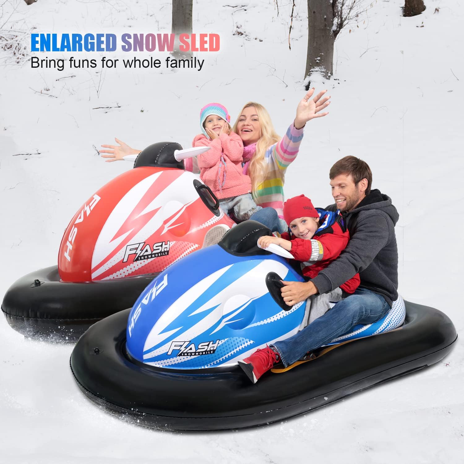 LIFECHOIC Snow Sled for Kids and Adults, 75" Giant Inflatable Snowmobile 2 Pack, Snow Tubes Heavy Duty with Reinforced Base, Side Handles and Rope, Winter Sledding Outdoor Play