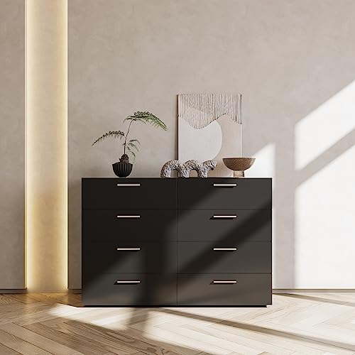 Goujxcy 8 Drawer Double Dresser for Bedroom, Modern Black 8 Drawers Chest Dresser with Metal Handle, Wooden Closet Wide Storage Cabinet for Living Room Bedroom Home Apartment Dorm