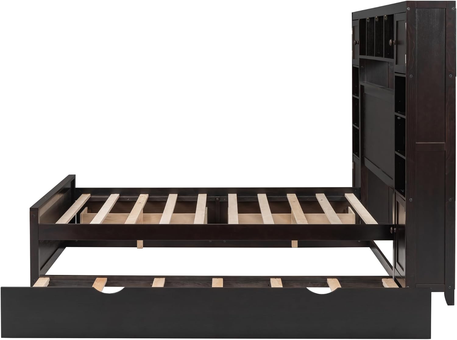 Full Storage Bed with Bookcase Headboard, Wood Full Size Platform Bed with Trundle and 2 Storage Drawers, Full Bed Frame with Cabinet and Shelf, No Box Spring Needed,Espresso