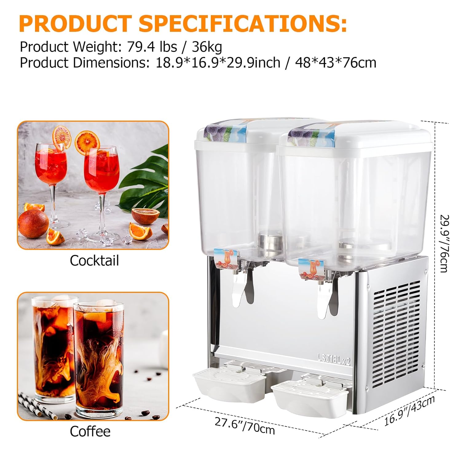 Commercial Beverage Dispenser, Garvee 2 Tanks 9.5 Gallon 36L Commercial Juice Dispenser, 18 Liter Per Tank, 280W Stainless Steel Food Grade Ice Tea Drink Dispenser with Thermostat Controlle